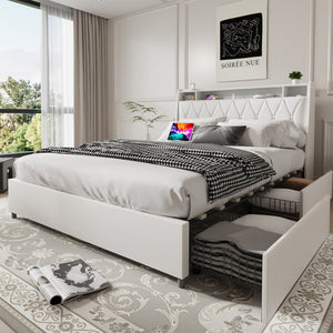 English Elm Queen Metal Platform Bed with Ergonomic Headboard Built in Outlets and Storage Shelf W3107S00002