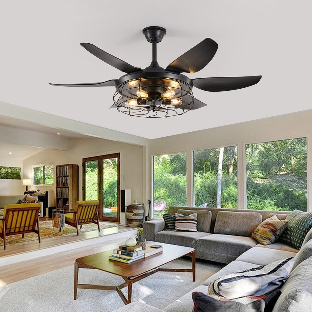 English Elm 52" Modern Black Ceiling Fan With Industrial Cage Design, 6-Speed Remote Control For Stylish Airflow W2312P374993