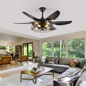 English Elm 52" Modern Black Ceiling Fan With Industrial Cage Design, 6-Speed Remote Control For Stylish Airflow W2312P374993