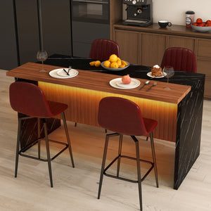 English Elm 63-Inch Modern Kitchen Island Set With 4 Bar Stools, Black Marble Surface & Led Lighting For Dining W2699S00067
