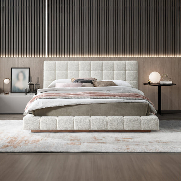 English Elm Ashcroft Furniture - Hudson Ivory Boucle Queen Bed Frame — Mid-Century Modern Upholstered Platform, No Box Spring Needed B183S00140