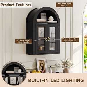 English Elm Wall Mounted Arched Cabinet Tempered Glass Doors Led Lighting Adjustable Shelves Bathroom Black T3210P471555