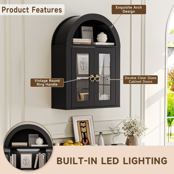English Elm Wall Mounted Arched Cabinet Tempered Glass Doors Led Lighting Adjustable Shelves Bathroom Black T3210P471555