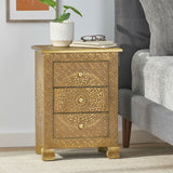 Christopher Knight Home® - Noble House - Upson Handcrafted Boho 3 Drawer Nightstand, Gold