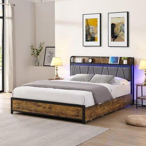 English Elm King Storage Bed Frame with USB Outlets, RGB LED Headboard, 4 Rolling Drawers & Metal Slats, Black Brown Gray W2297P291441