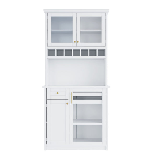 English Elm Topmax Farmhouse Buffet Hutch with Wine Rack Shaker Glass Pantry Cabinet White N717P327043K
