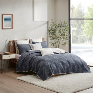 English Elm 3 Pomona Embroidered Cotton Quilt Set Navy King/Cal King – Chevron Taupe Reverse, Antimicrobial, Cozy Modern Bedding B03596540