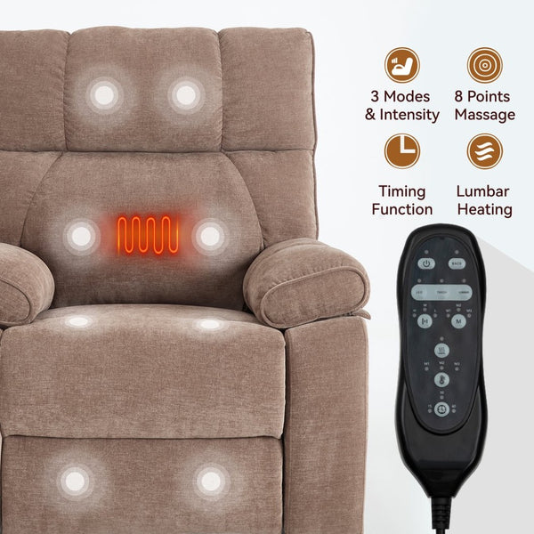 English Elm Beige Chenille Power Lift Recliner Dual Motor Massage Heat 350 Lb Capacity Brown W1803P264024