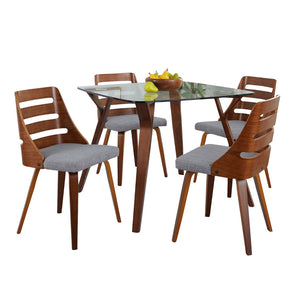 English Elm Dining Set with Tempered Glass Top Walnut Metal Legs and Blue Upholstered Seating B202S01429