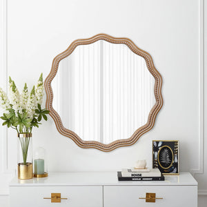 English Elm 23.62 Antique Natural Wood Round Wavy Wall Mirror with Scalloped Frame Modern Farmhouse Decor W2295P290646