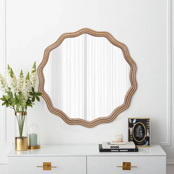 English Elm 23.62 Antique Natural Wood Round Wavy Wall Mirror with Scalloped Frame Modern Farmhouse Decor W2295P290646