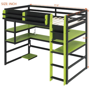 English Elm Twin Loft Bed with Rgb Lighting Usb Ports Wraparound Shelves and Gaming Desk Green LT000298AAF