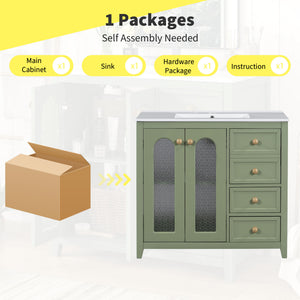 English Elm 36-inch ceramic basin vanity with patterned glass doors, gold round handles & ample storage drawers Green N729P184710F