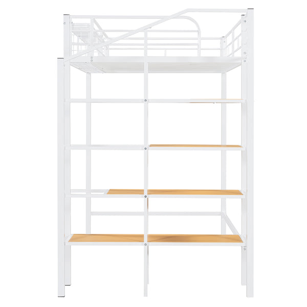 English Elm Twin Metal Loft Bed with Upper Grid Storage Shelf and 4-Layer Ladder Shelves for Space Saving White SF100081AAK