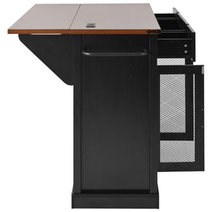 English Elm K&K 58" Farmhouse Kitchen Island with Sliding Barn Door, Drop Leaf, Glass Rack, Locking Wheels, Power Black N707P349811B