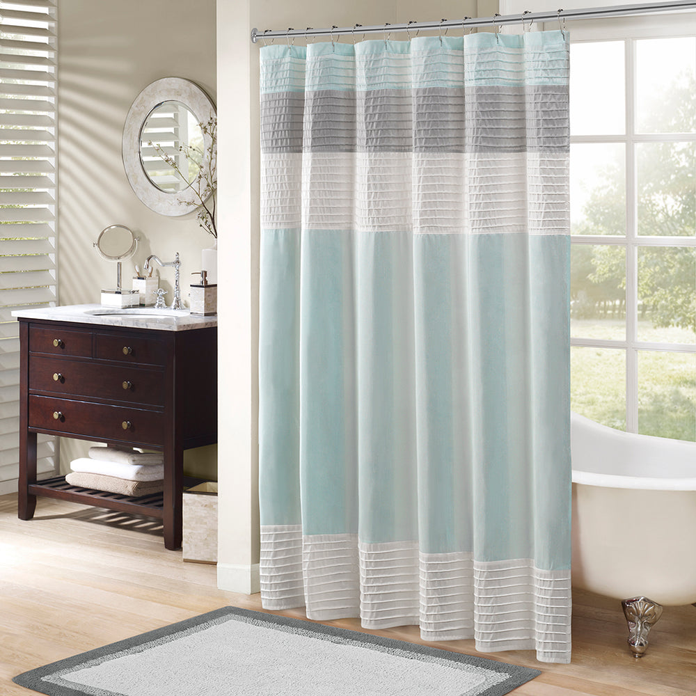 JLA Home Madison Park - Faux Silk Dupioni Shower Curtain with Pintuck Texture and Color‑Block Panels for Hotel-Quality Bath Aqua MP70-2978