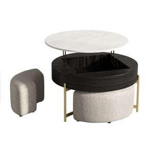 English Elm Vita Modern 31.5" Round Lift-Top Coffee Table Set with Iron Legs and Storage Shelves, Stylish Black,Light beige B341S00043