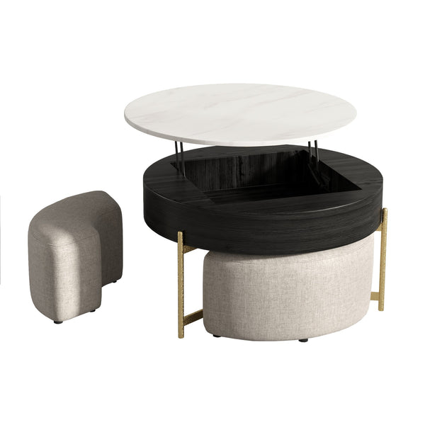 English Elm Vita Modern 31.5" Round Lift-Top Coffee Table Set with Iron Legs and Storage Shelves, Stylish Black,Light beige B341S00043