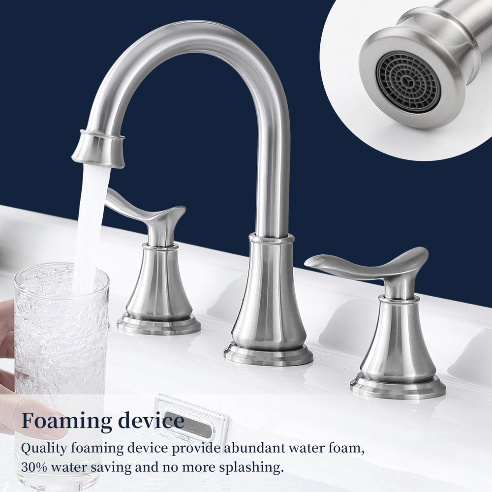 English Elm 2-Handle Widespread Bathroom Faucet In Brushed Nickel | 360° Swivel Spout & Pop-Up Drain Assembly Included T3177P277515