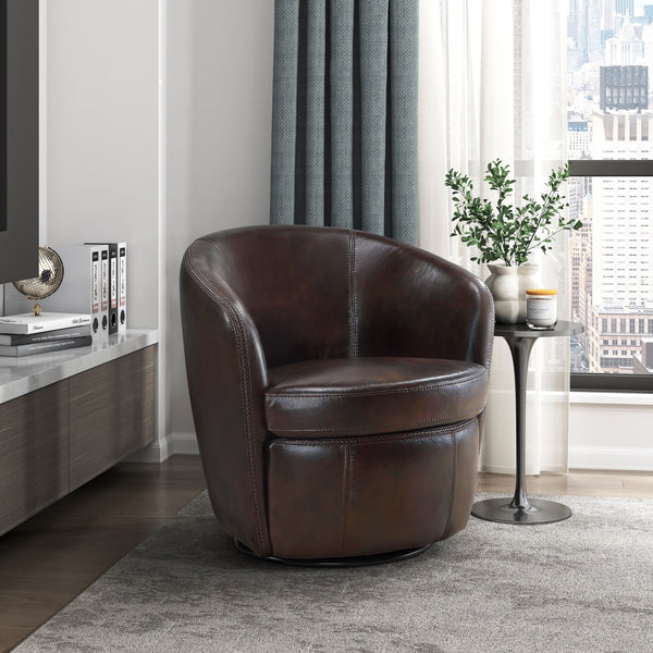 English Elm Luxury Top Grain Leather Swivel Barrel Chair with Solid Wood Frame, 360° Rotation, Removable Cushion Cover, No Assembly Required Bronze 32 L x 30 W x 33.5 H B011P308557