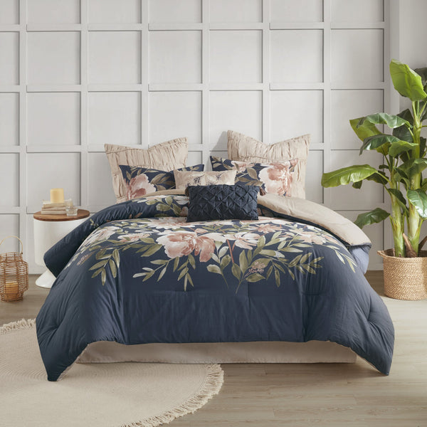 English Elm 8 Madison Park Camillia Cotton Comforter Set Navy Cal King Floral Blush Reversible OEKO-TEX Certified B035128844