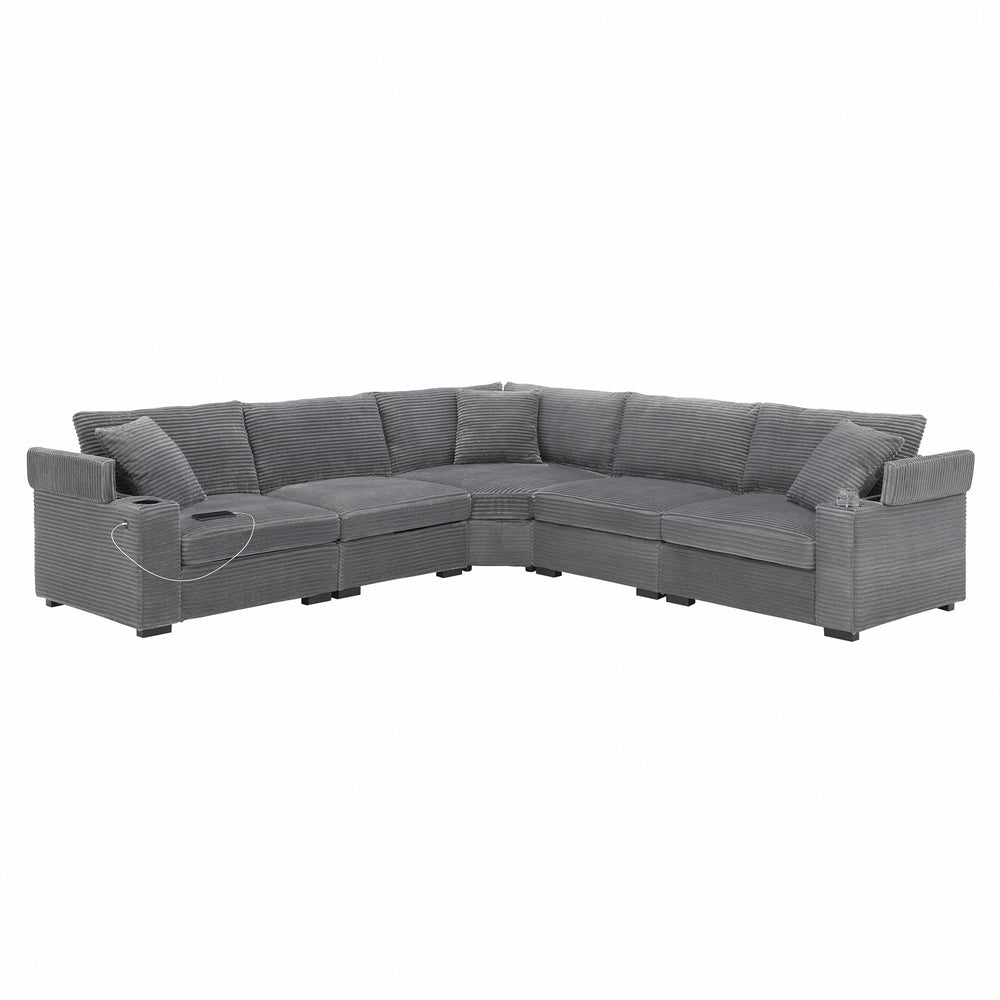 English Elm 106" Convertible L Shaped Sectional Sofa with Corduroy Upholstery, Armrest Storage, USB Charging Hub, Cup Holders, Modular Comfort for Living Room Gray N723S0187E