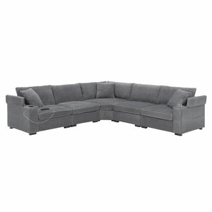 English Elm 106" Convertible L Shaped Sectional Sofa with Corduroy Upholstery, Armrest Storage, USB Charging Hub, Cup Holders, Modular Comfort for Living Room Gray N723S0187E