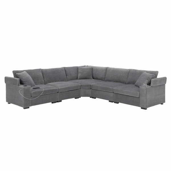 English Elm 106" Convertible L Shaped Sectional Sofa with Corduroy Upholstery, Armrest Storage, USB Charging Hub, Cup Holders, Modular Comfort for Living Room Gray N723S0187E