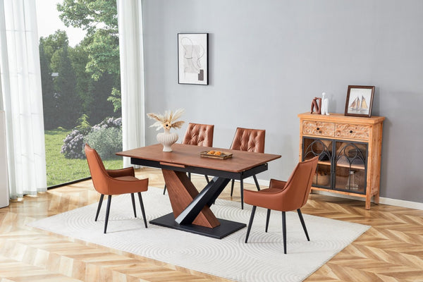 English Elm Contemporary Extendable Wood Veneer Dining Set with Faux Leather Upholstered Chairs W3493S00020