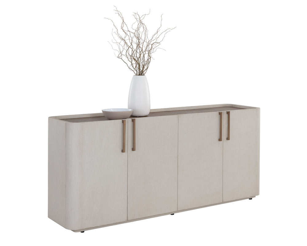 Sunpan Jamille Contemporary Sideboard - Cream Faux Leather, Warm Brass Base, Oak Veneer Top & Soft Close Doors