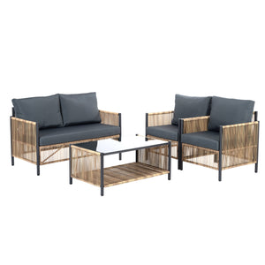English Elm New Elegant 4-Piece Patio Sofa Set With Grey Cushions, Durable Pe Wicker, Tempered Glass Table W400S00047