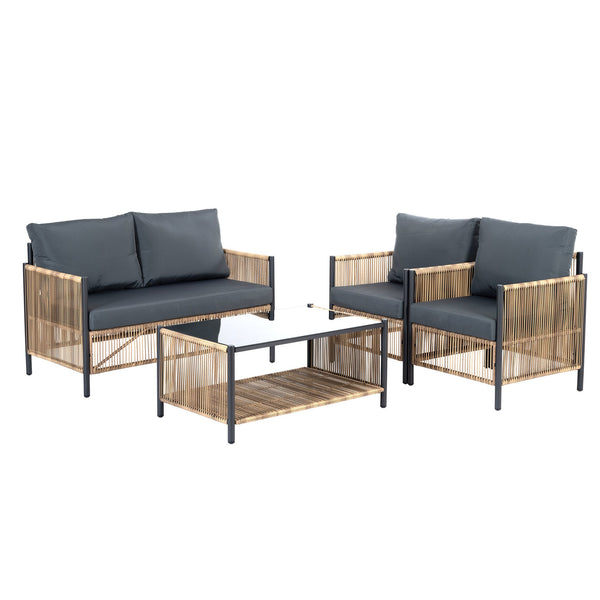English Elm New Elegant 4-Piece Patio Sofa Set With Grey Cushions, Durable Pe Wicker, Tempered Glass Table W400S00047