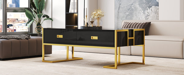 English Elm Modern 47.3" Black Rectangular Coffee Table with Gold Metal Base, 4 Spacious Drawers, Durable Design N735P305626B