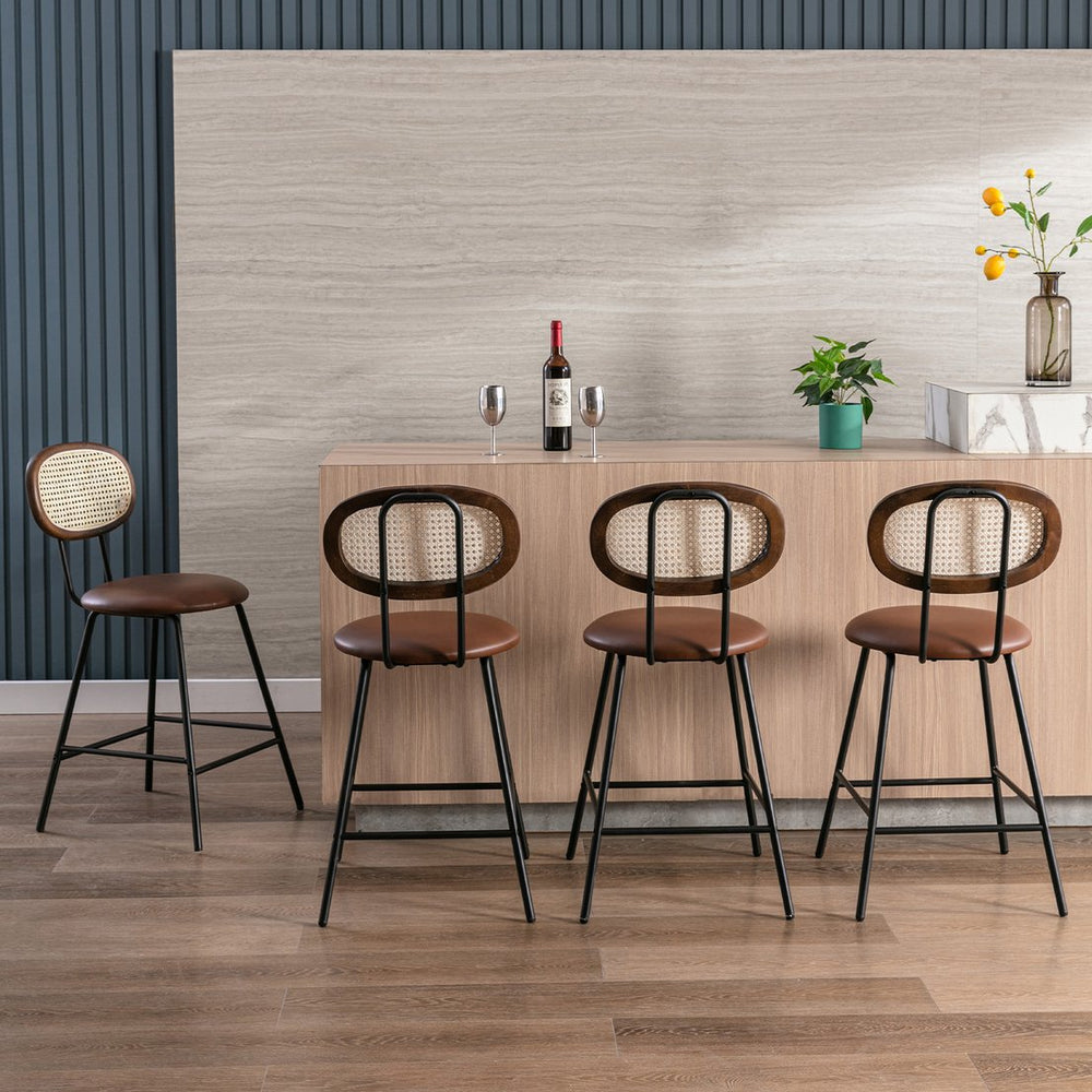 English Elm Counter Stools Set Of 4 - Stylish Metal Bar Stools With Faux Leather & Rattan Back, Perfect For Home T3623P368391