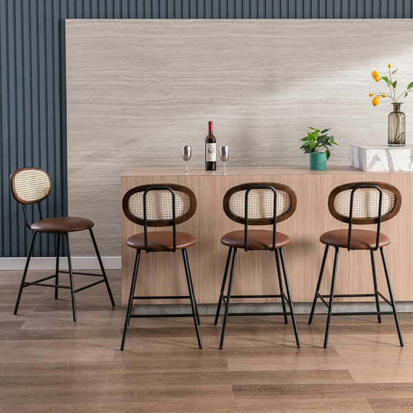 English Elm Counter Stools Set Of 4 - Stylish Metal Bar Stools With Faux Leather & Rattan Back, Perfect For Home T3623P368391