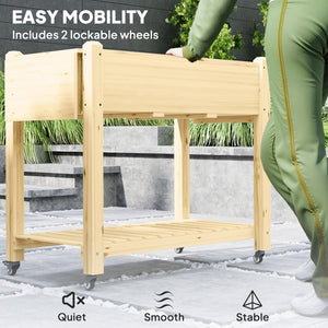 English Elm Convenient Carbonized Fir Wood Raised Planter Box with Wheels Side Tables and Storage T3971P423504