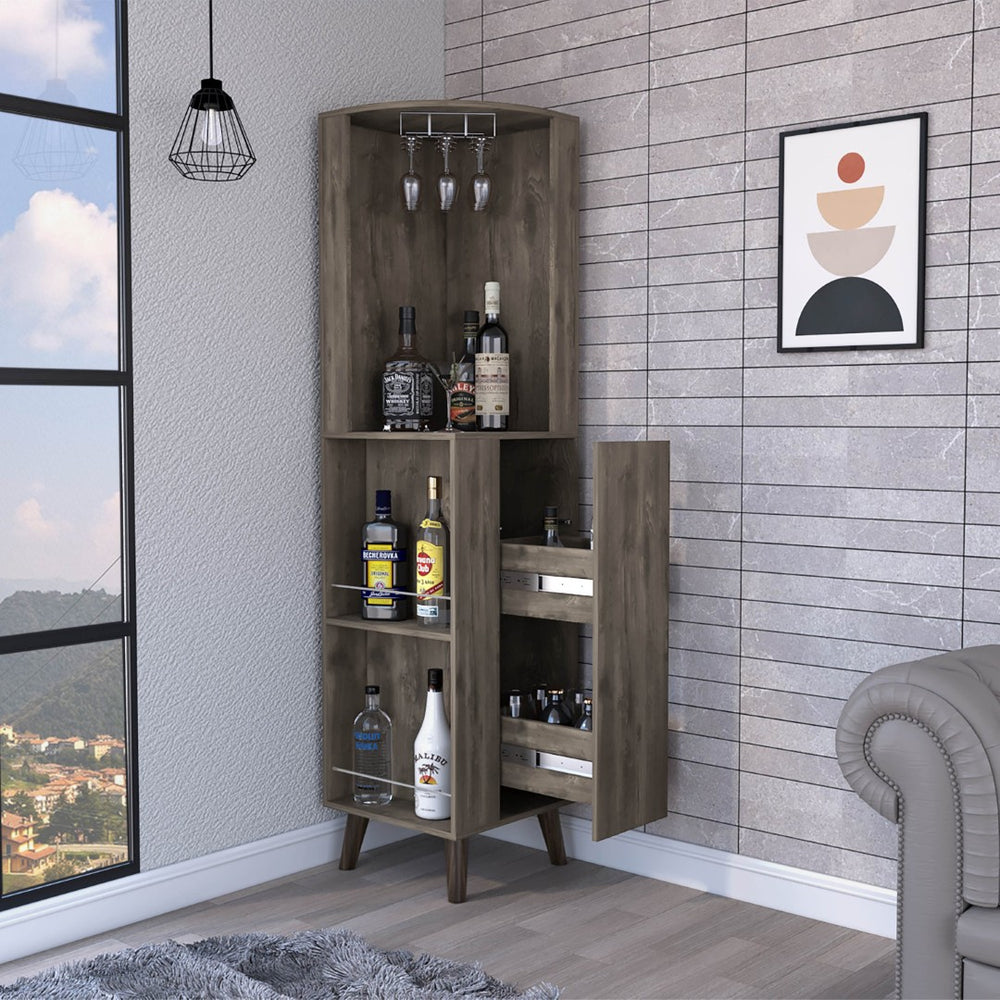 English Elm Grace Corner Bar Cabinet with Wine Rack Stemware Hanging and Concealed Shelving Storage B128S00221