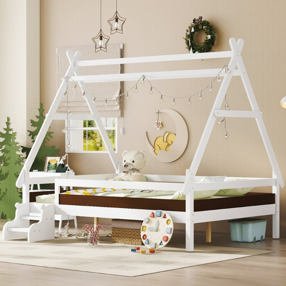 English Elm Twin House Shaped Platform Bed Solid Pine Frame with Built in Stairs for Kids Light White W1580P354720