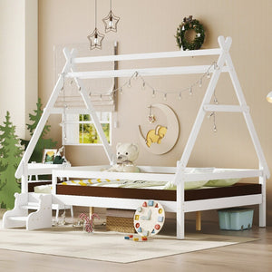English Elm Twin House Shaped Platform Bed Solid Pine Frame with Built in Stairs for Kids Light White W1580P354720