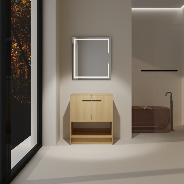 English Elm 30" Freestanding Bathroom Vanity Cabinet with 2 Doors, Integrated Basin & Open Shelf, Modern Ergonomic Design Oak W1972P268398