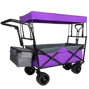 English Elm With Canopy and Steel Frame Collapsible Wagon All-terrain Heavy Duty Outdoor Cart Purple W2932P326775