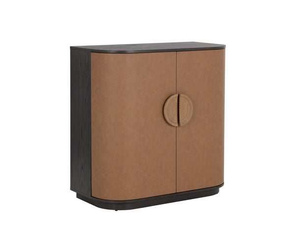 Sunpan Dresden Bar Cabinet - Mid-Century Elegance with Smoke Grey Oak, Faux Leather Doors & Wine Storage