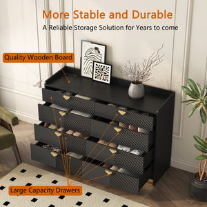 English Elm 8 Modern 8-Drawer Dresser with LED Lights, Fluted Panels, Solid Wood Legs, Silent Metal Rails, Black Finish W1321P201215