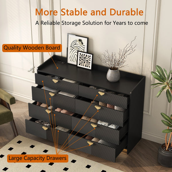 English Elm 8 Modern 8-Drawer Dresser with LED Lights, Fluted Panels, Solid Wood Legs, Silent Metal Rails, Black Finish W1321P201215