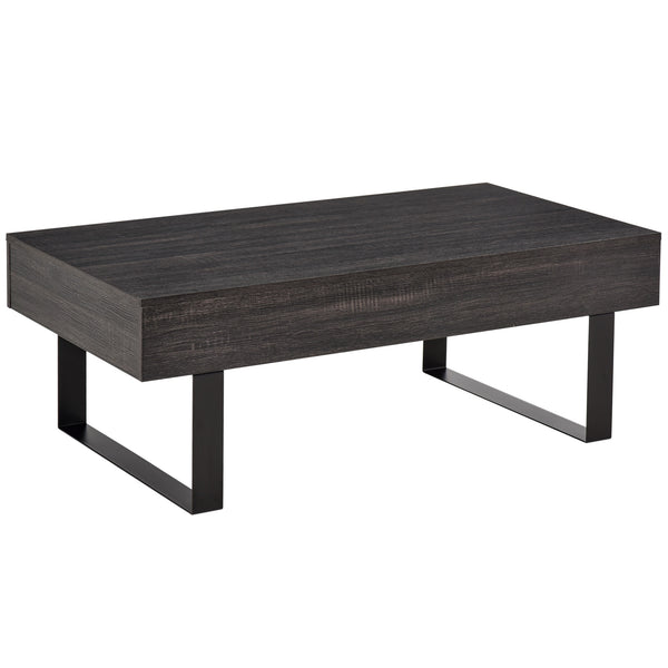 English Elm HOMCOM Rustic Mid-Century Coffee Table with Large Drawer, Wood Grain Top & Metal Sled Legs, Dark Gray W2225P249726