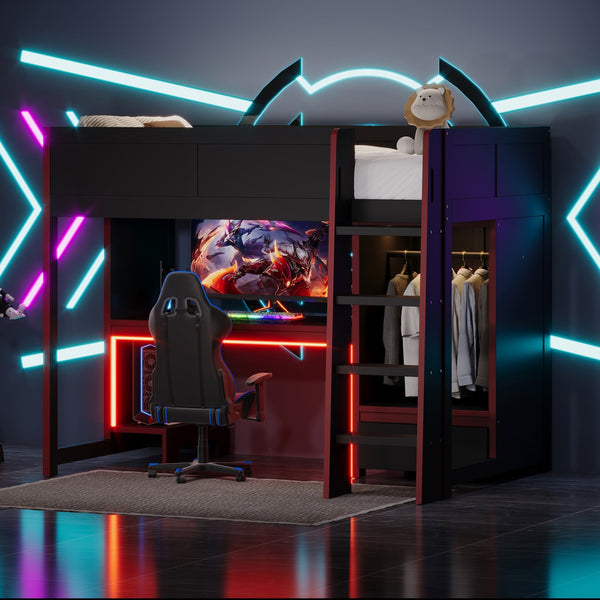 English Elm Wood Twin Gaming Loft Bed with Desk, Wardrobe, LED Lighting & Drawer — Space-Saving Black Red Accent, 400lb Capacity N7090004010B