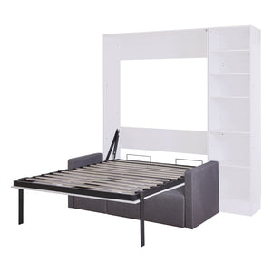 English Elm Full Size Murphy Wall Bed with Integrated Sofa Open Shelving White Cabinet Unit LP000795AAK