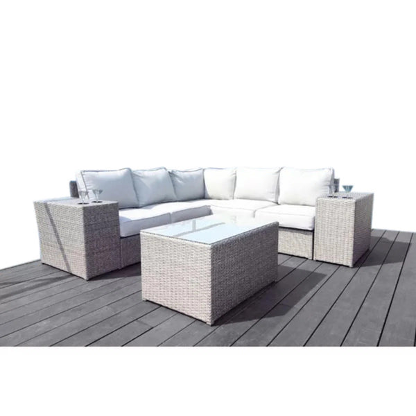 English Elm Pre-Assembled Outdoor Wicker Sofa Set — 6-Piece Modular Sectional with Tempered Glass Coffee Table, UV-Resistant Cushions Grey Mix B120S00197