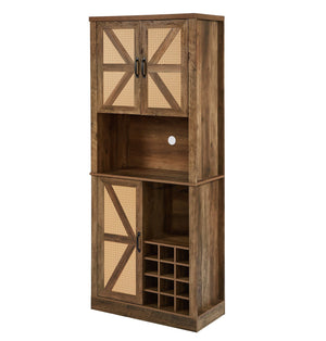 English Elm 76-Inch Rustic Oak Wine Cabinet with 12 Compartments, 3D Faux Rattan Doors, Glass Holders & Shelves W2702P183964