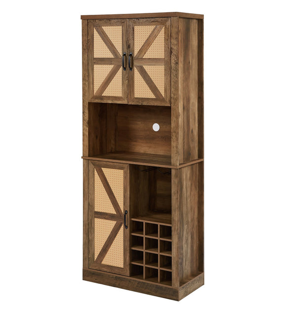 English Elm 76-Inch Rustic Oak Wine Cabinet with 12 Compartments, 3D Faux Rattan Doors, Glass Holders & Shelves W2702P183964